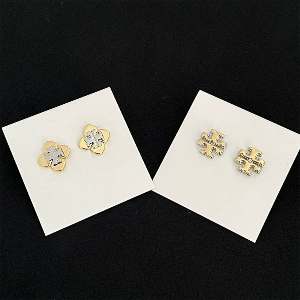 Tory Burch Gold Plated Two Tone Letter Metal Stud Earrings